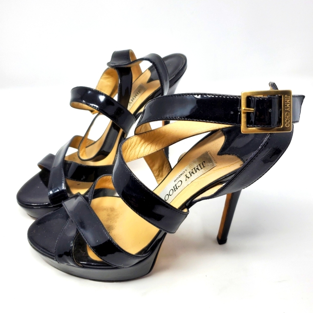 Jimmy Choo Black Patent Leather Strappy High Heel Sandals